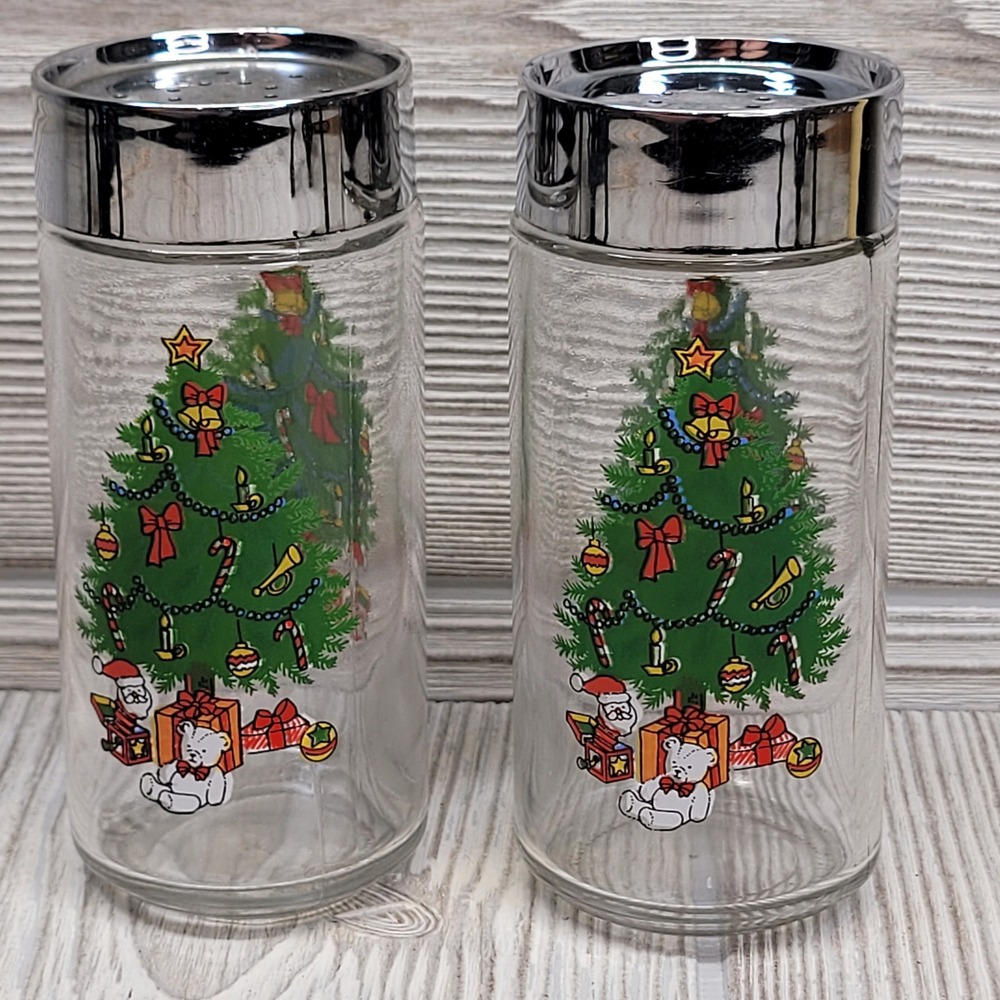 Christmas Tree Salt and Pepper Shakers Glass Chrome Kitchen Holiday‎ Decor Vtg